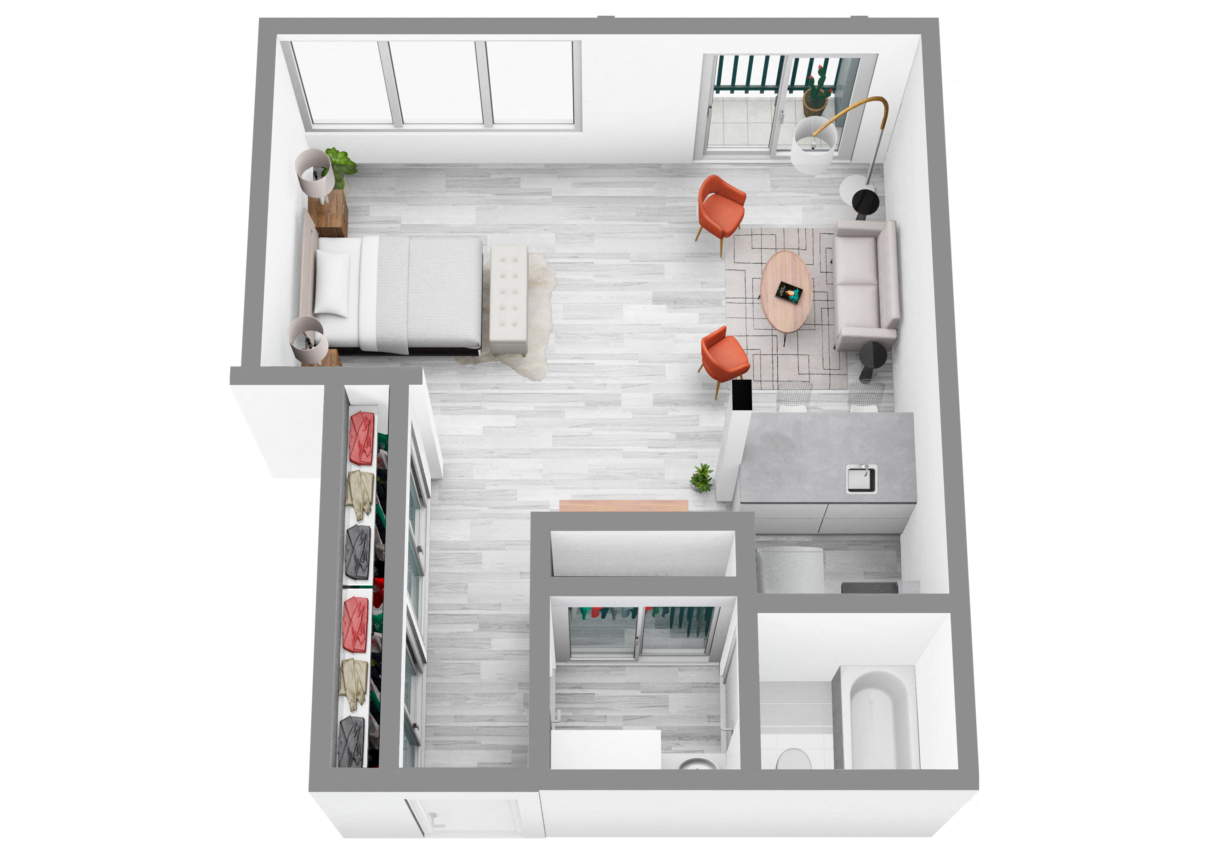 Floor plan for studio, 1 bath, 500 sqft